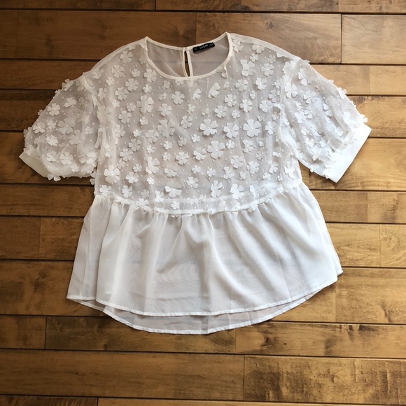 SHEIN Tops - Sheer White Blouse w/Flower Detailing